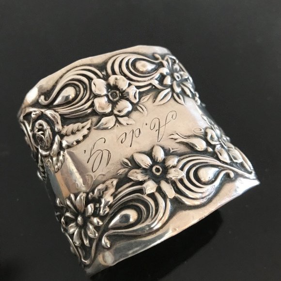 Floral Sterling Silver 925 Cuff Bracelet Antique Art Nouveau Spoon Ring Flowers - Picture 3 of 8